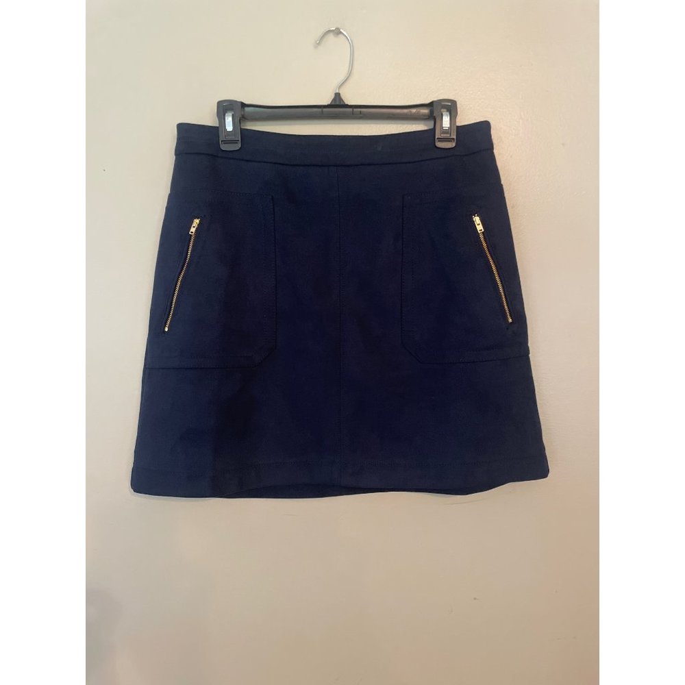 LOFT  Navy dark Blue suede like mini skirt zipper pockets gold  Size 10